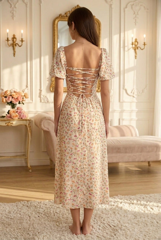 Astrid — Vestido midi corset con mangas abullonadas