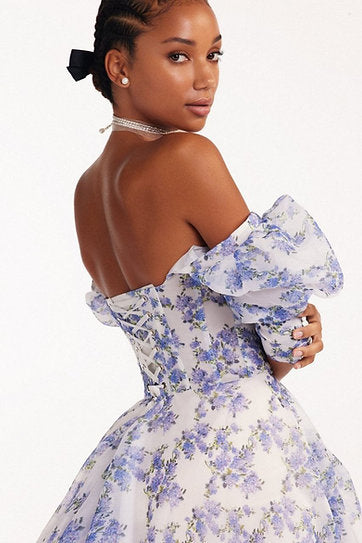 Aurelia — Vestido maxi corset con volantes y mangas abullonadas