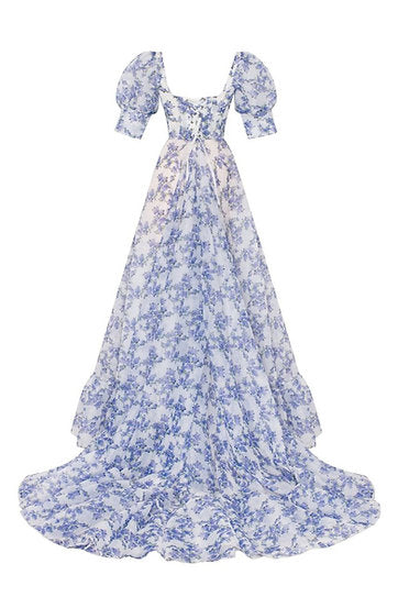 Aurelia — Vestido maxi corset con volantes y mangas abullonadas