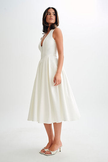 Helsea — Vestido midi escote en v con botones