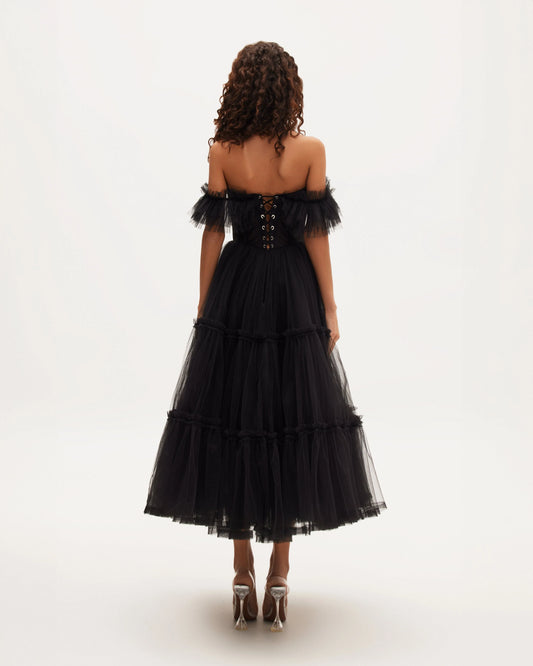 Marcelle — Vestido midi corset con volantes