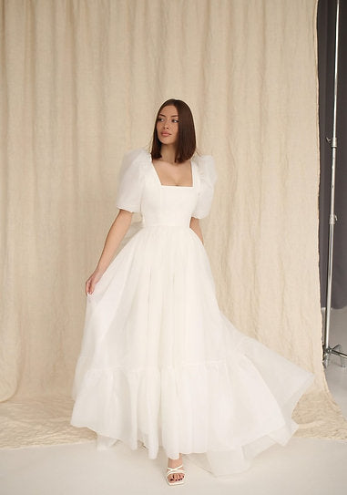 Mousseline — Vestido maxi corset con mangas abullonadas y lazo