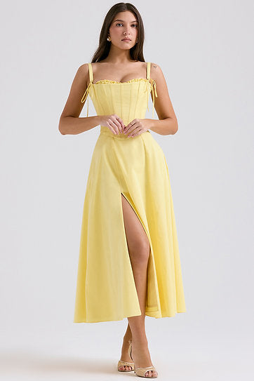 Annette — Vestido midi con abertura y corset con lazos