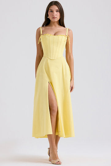 Annette — Vestido midi con abertura y corset con lazos