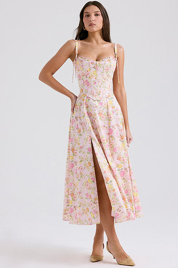 Annette — Vestido midi con abertura y corset con lazos