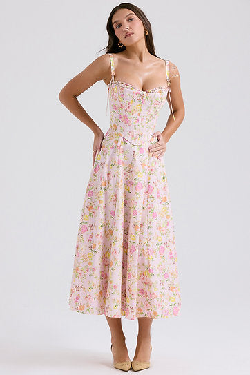 Annette — Vestido midi con abertura y corset con lazos