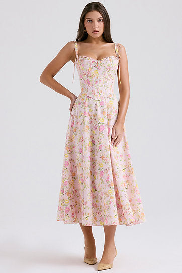 Annette — Vestido midi con abertura y corset con lazos