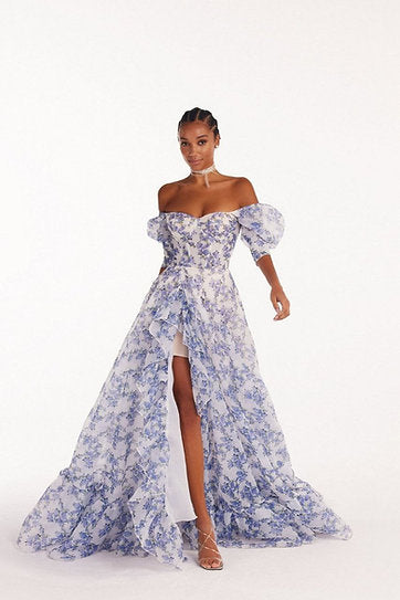 Aurelia — Vestido maxi corset con volantes y mangas abullonadas