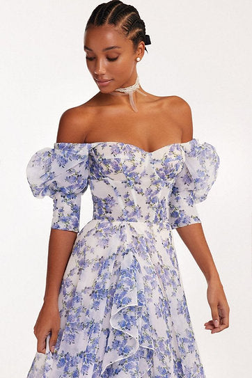 Aurelia — Vestido maxi corset con volantes y mangas abullonadas