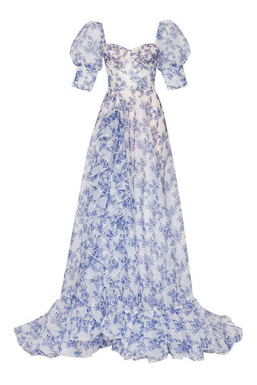 Aurelia — Vestido maxi corset con volantes y mangas abullonadas
