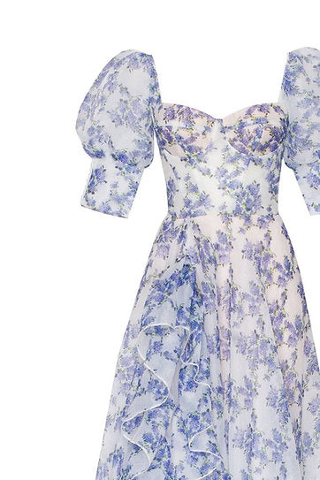 Aurelia — Vestido maxi corset con volantes y mangas abullonadas