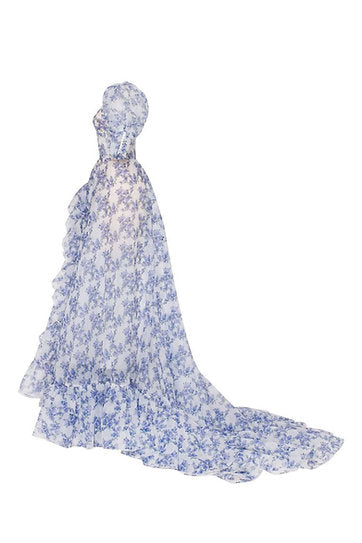 Aurelia — Vestido maxi corset con volantes y mangas abullonadas