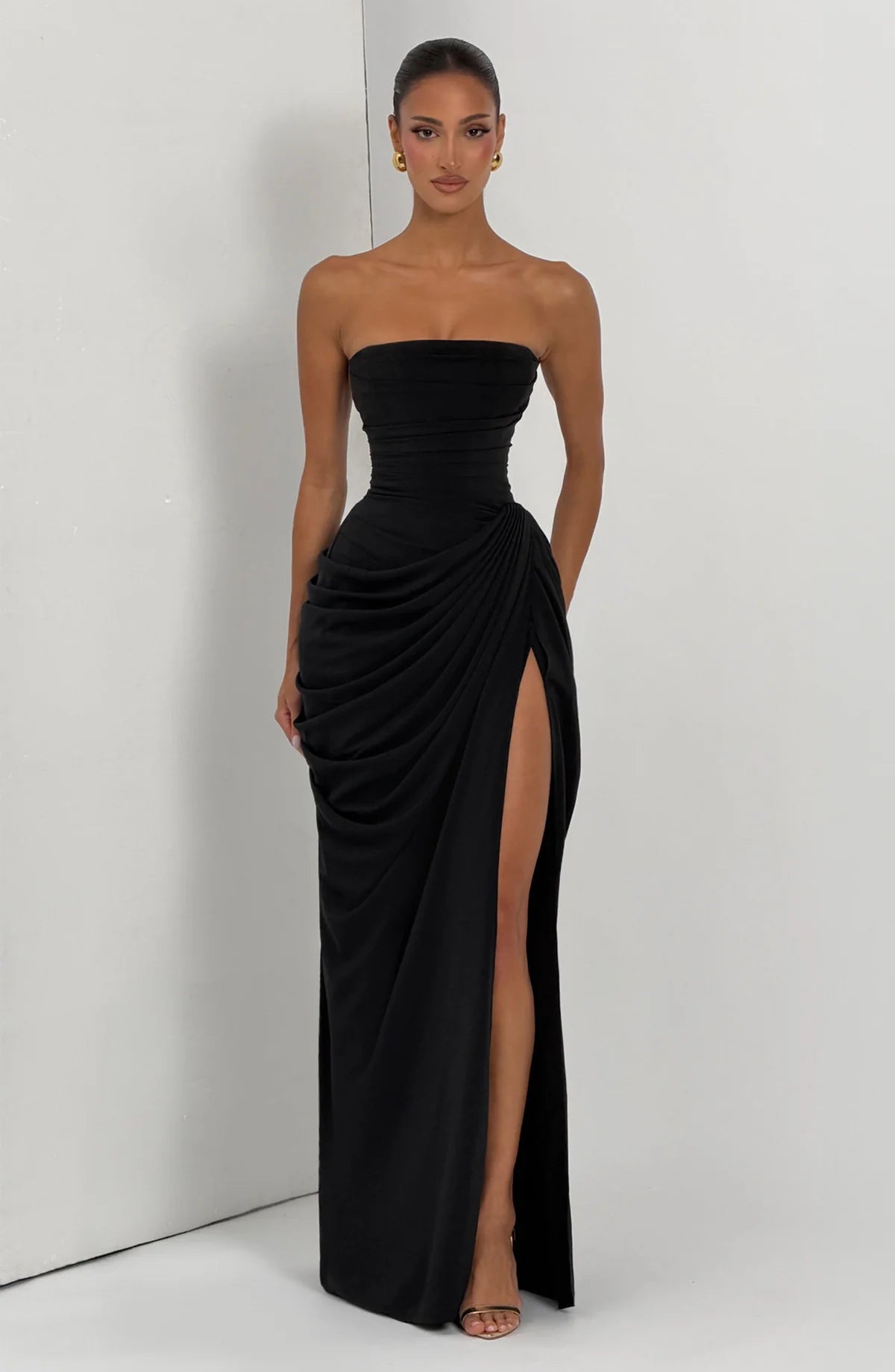 Georgiana — Vestido maxi corset strapless con abertura