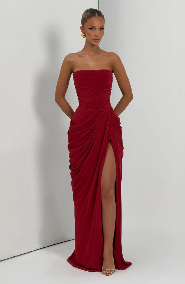 Georgiana — Vestido maxi corset strapless con abertura