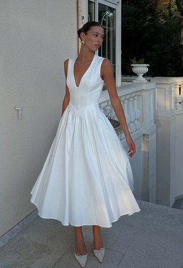 Helsea — Vestido midi escote en v con botones