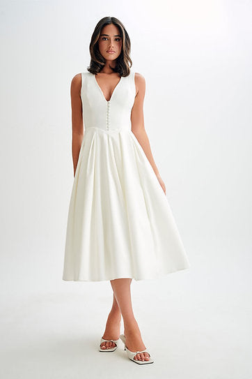 Helsea — Vestido midi escote en v con botones