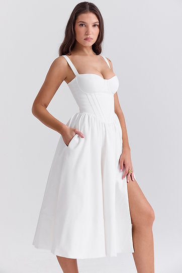 Isolde — Vestido midi corset con bolsillos y abertura