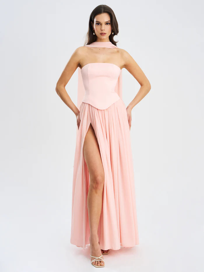 Jena — Vestido maxi en conjunto: corset strapless y falda con abertura
