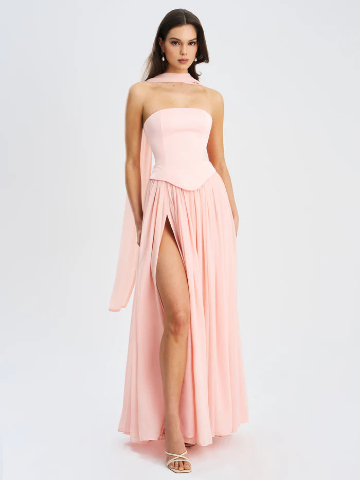 Jena — Vestido maxi en conjunto: corset strapless y falda con abertura