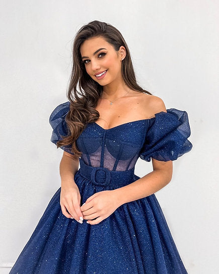 Lenna — Vestido midi corset con mangas abullonadas y cinturón