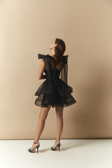 Lucine — Vestido mini corset con volantes y lazos