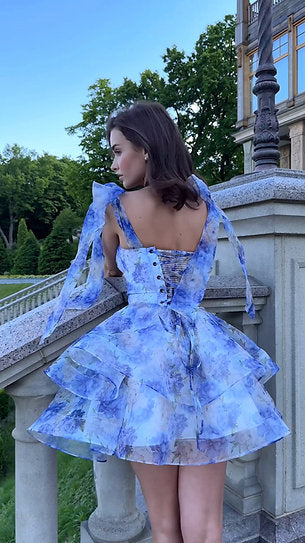 Lucine — Vestido mini corset con volantes y lazos