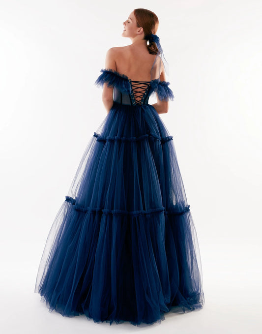 Marcelle — Vestido maxi corset con volantes