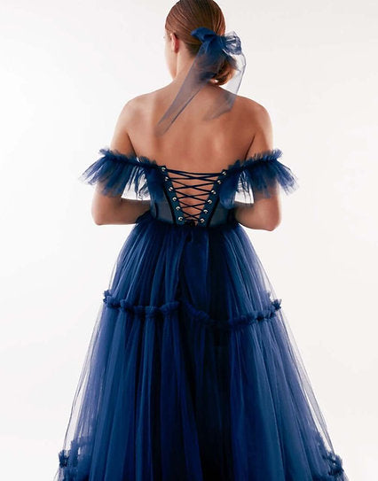 Marcelle — Vestido maxi corset con volantes