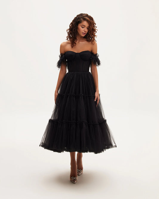 Marcelle — Vestido midi corset con volantes