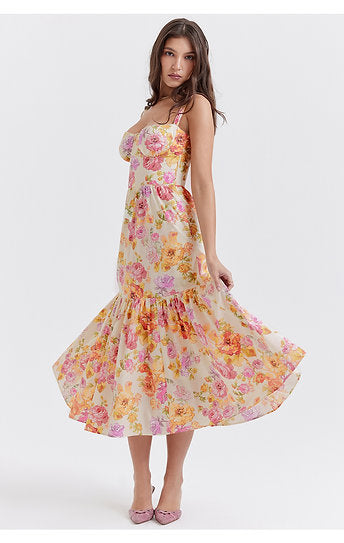 Margot — Vestido midi con volantes y bolsillos