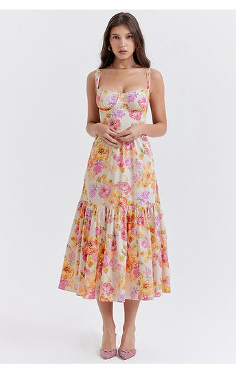 Margot — Vestido midi con volantes y bolsillos