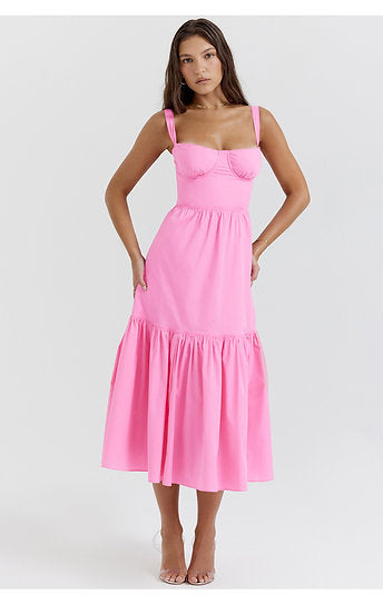 Margot — Vestido midi con volantes y bolsillos