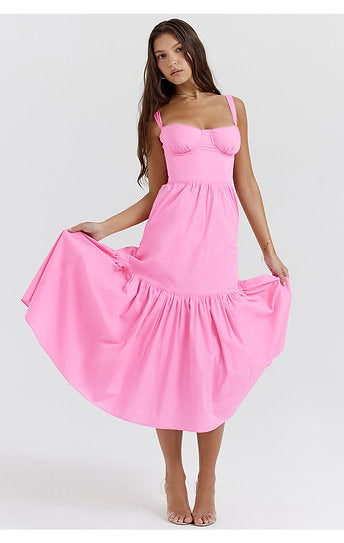 Margot — Vestido midi con volantes y bolsillos
