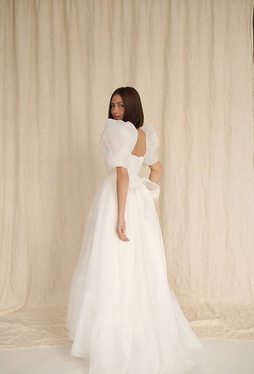 Mousseline — Vestido maxi corset con mangas abullonadas y lazo