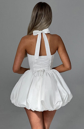 Rebecca — Vestido mini corset falda globo con lazo