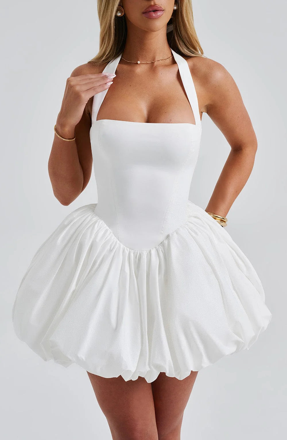 Rebecca — Vestido mini corset falda globo con lazo