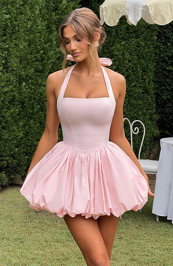 Rebecca — Vestido mini corset falda globo con lazo