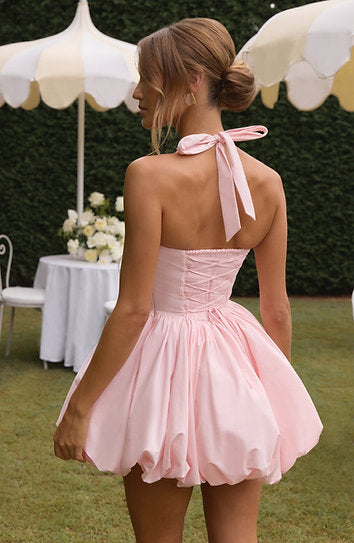 Rebecca — Vestido mini corset falda globo con lazo