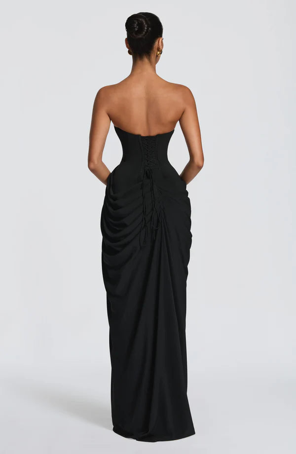 Georgiana — Vestido maxi corset strapless con abertura