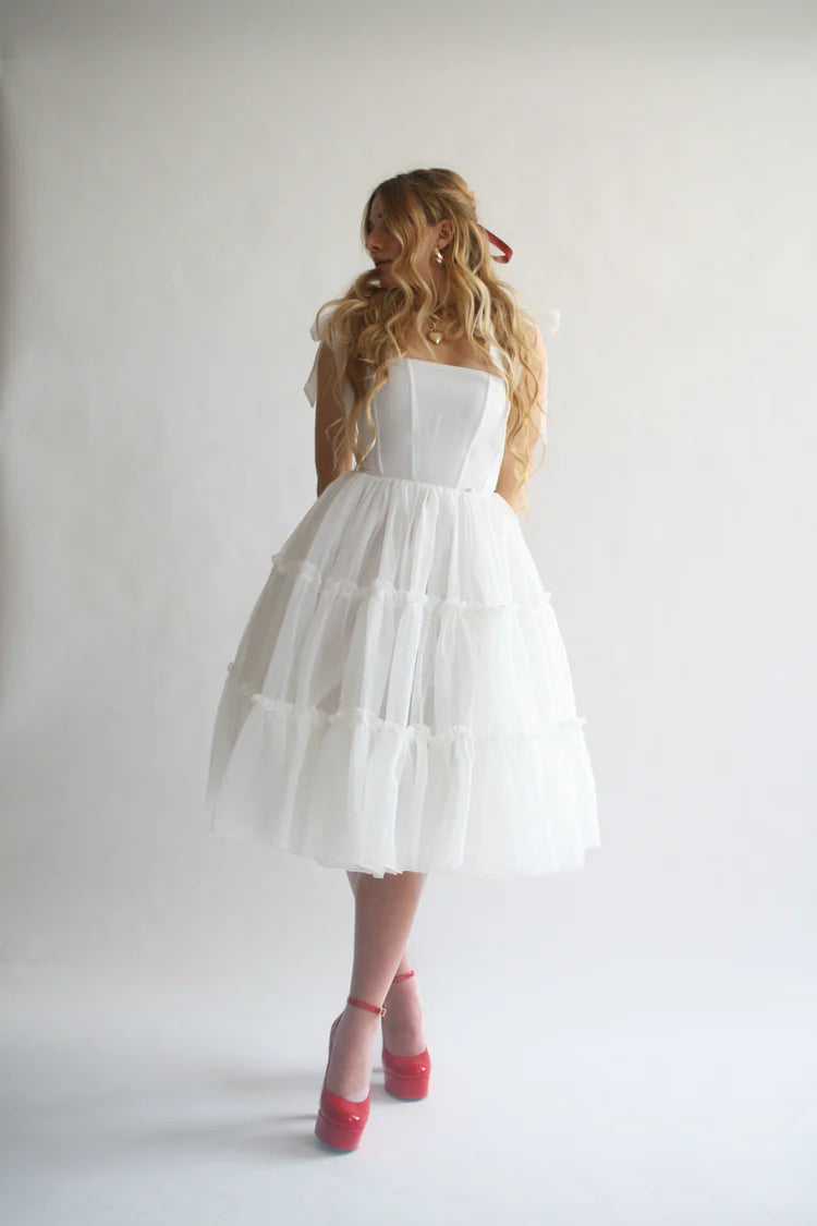Saffira — Vestido midi corset con volantes y lazos