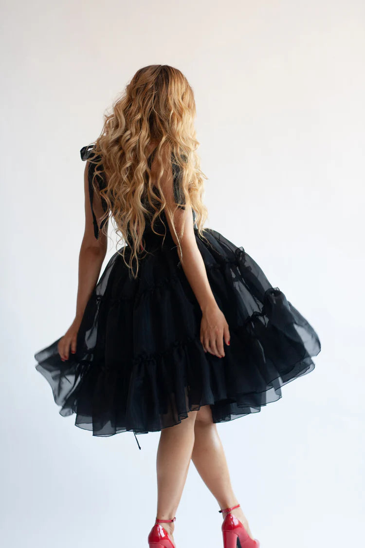 Saffira — Vestido midi corset con volantes y lazos