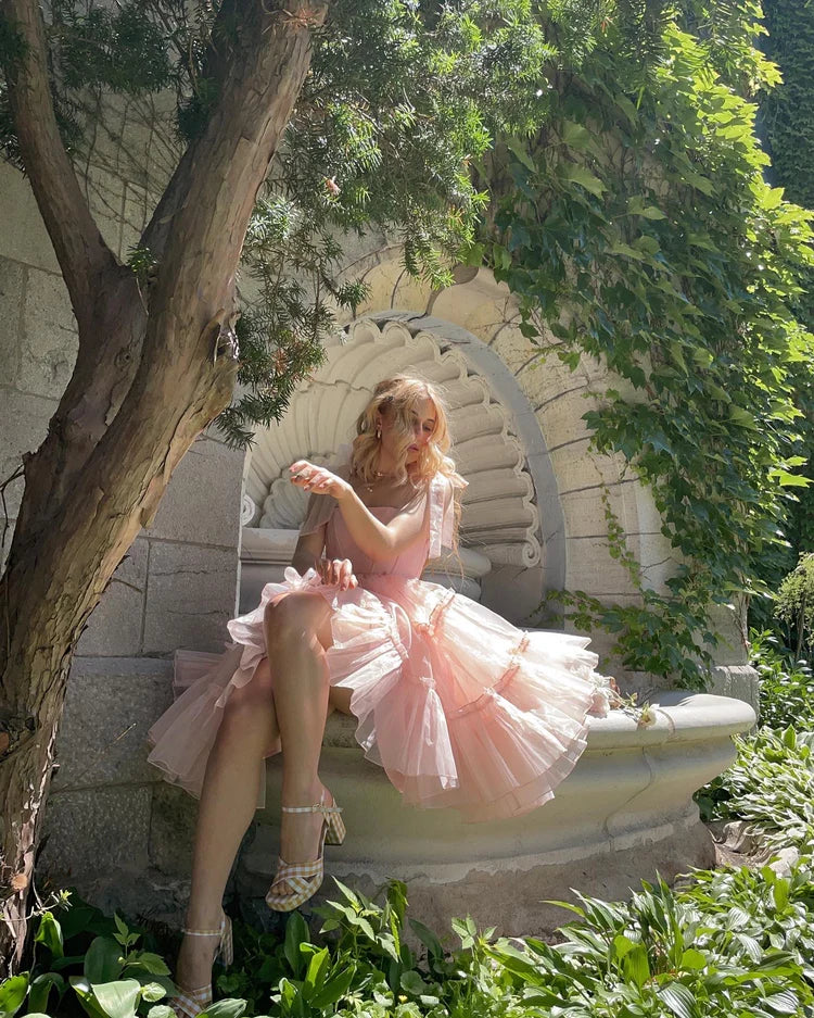 Saffira — Vestido midi corset con volantes y lazos