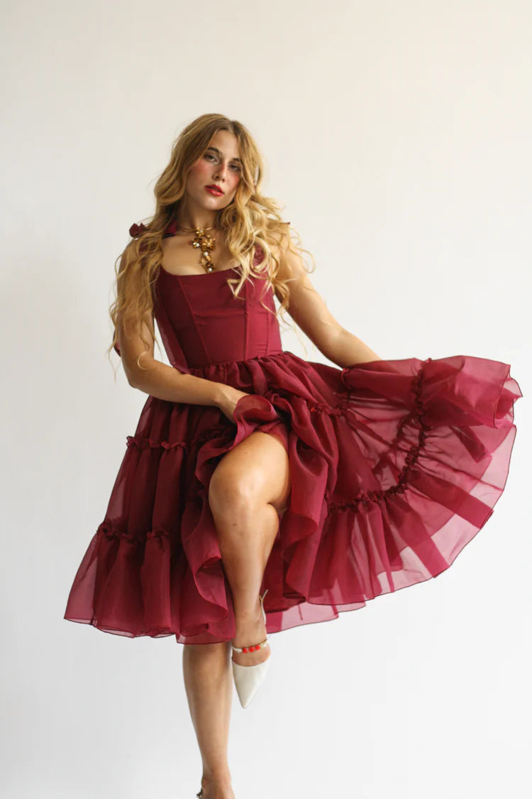 Saffira — Vestido midi corset con volantes y lazos