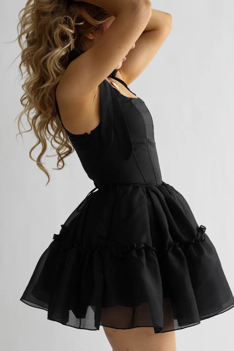 Saffira — Vestido mini corset con volantes y lazos