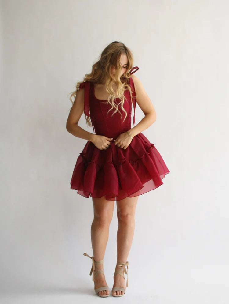 Saffira — Vestido mini corset con volantes y lazos
