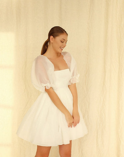 Séraphine — Vestido mini corset con mangas abullonadas y moños
