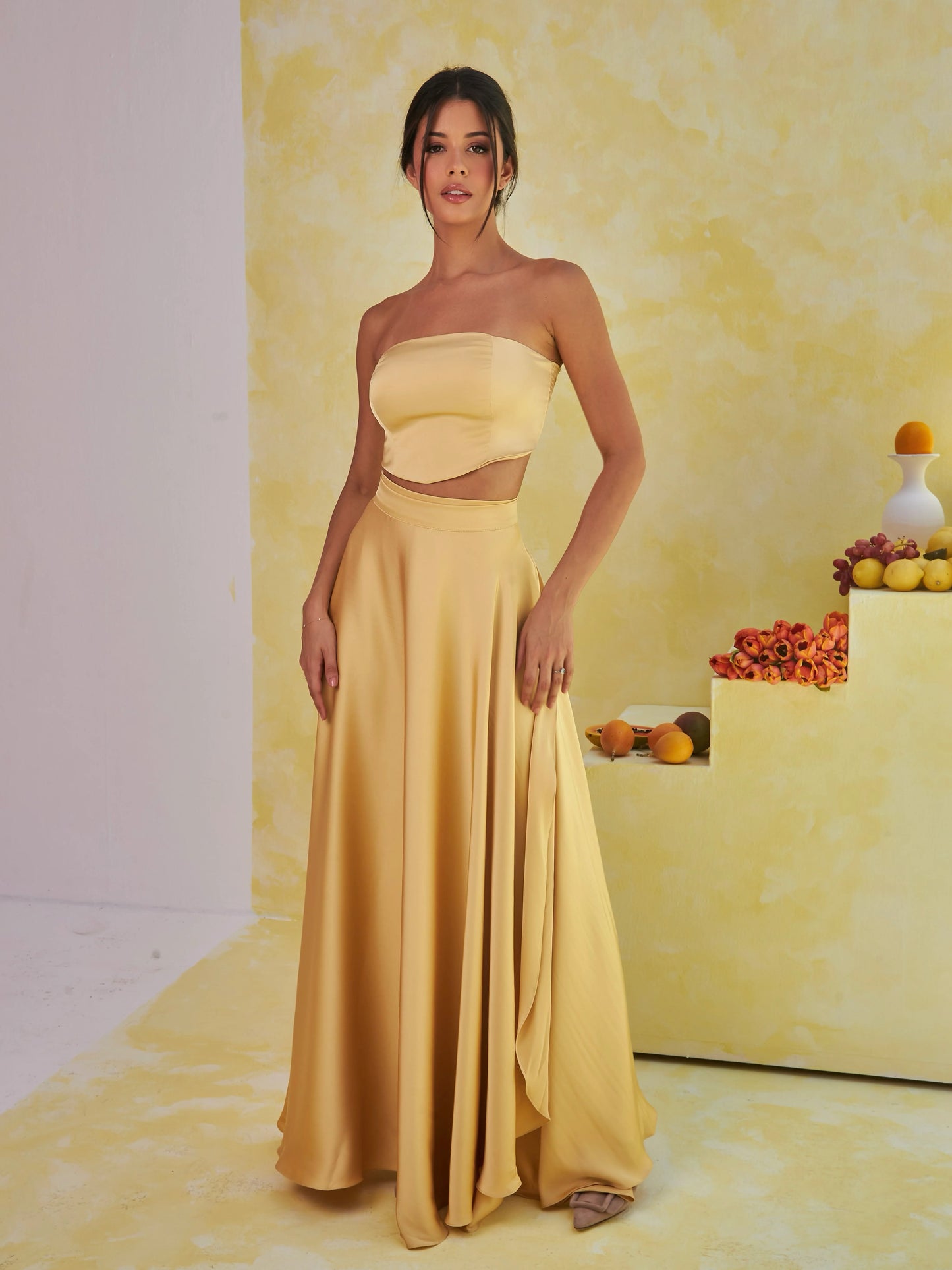 Silvina — Conjunto: corset strapless y falda maxi