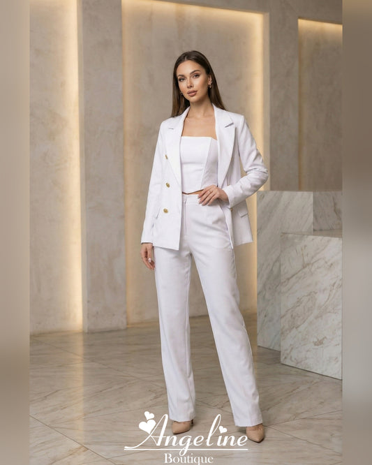 Simone — Conjunto: blazer, croptop corset y pantalón bota recta