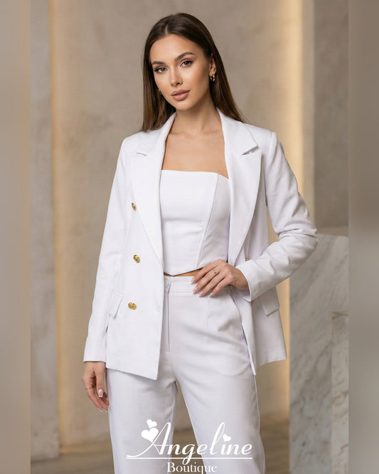 Simone — Conjunto: blazer, croptop corset y pantalón bota recta