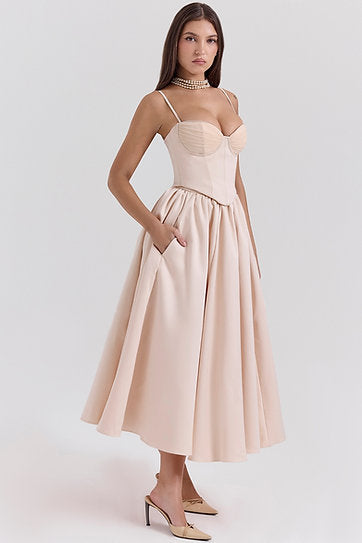 Viana — Vestido midi en conjunto: corset y falda con bolsillos